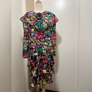 Vintage Michael Allen Womens Ruffled Floral Dress Black Multicolor Chiffon 14
